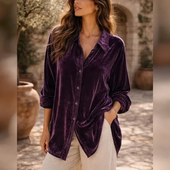 Soft Surroundings Purple Velour Button Up Shirt 2XL Relaxed Fit Minimalist Goth - Picture 1 of 8